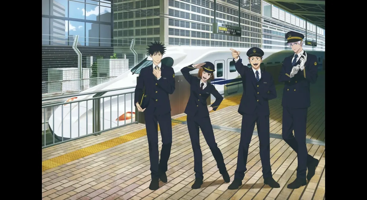 Jujutsu Kaisen characters pose in JR Tokai uniforms in Nagoya