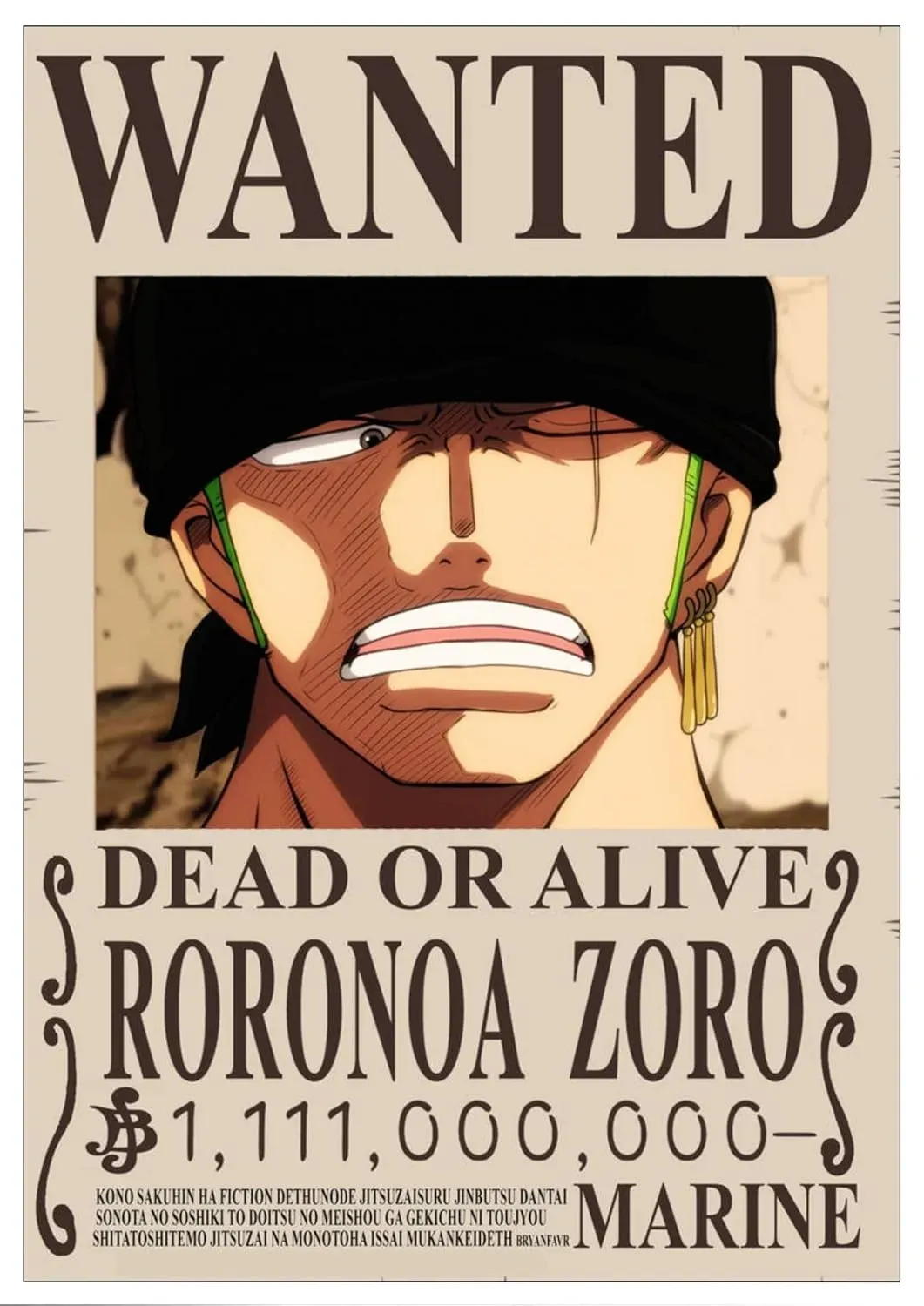 One Piece Wanted Posters Wall Art – Zoro Bounty Poster A4 350GSM